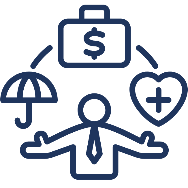 Image shows a blue outline of a person underneath an umbrella, a dollar sign and a heart with a cross inside.