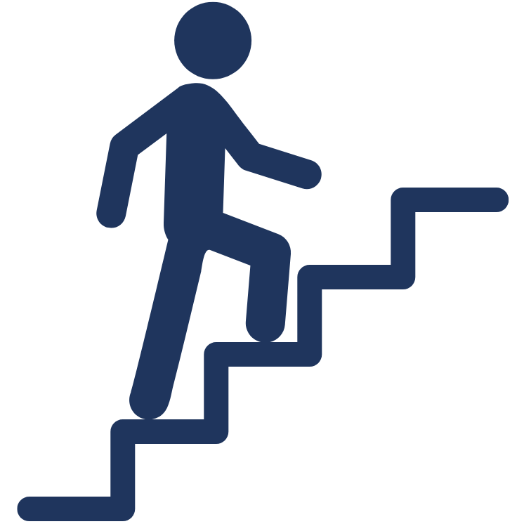 Image shows a blue outline of a person climbing a set of stairs.