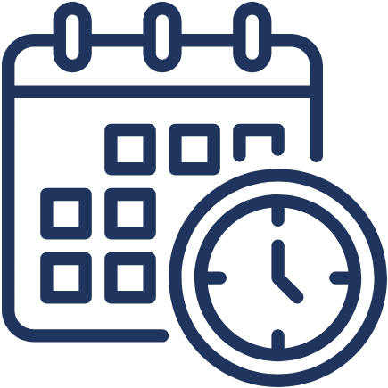 Image shows a blue icon depicting a calendar and a clock.