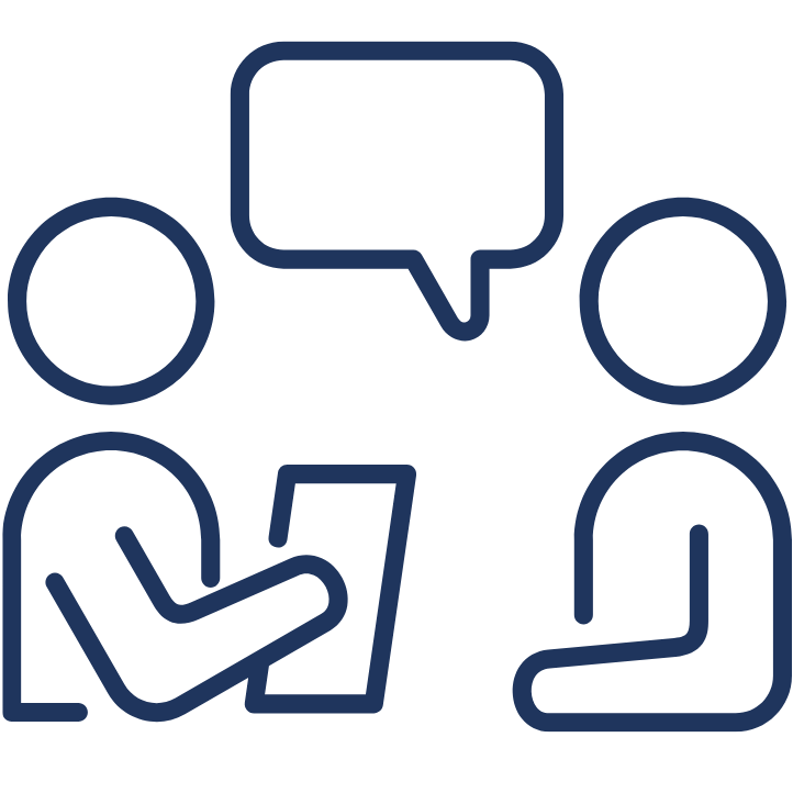 Image shows outlined images in blue of 2 people having a conversation, one is holding a sheet of paper