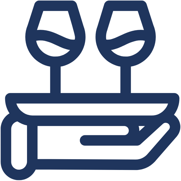 Outline icon showing a hand holding a waiter’s tray with 2 glasses on