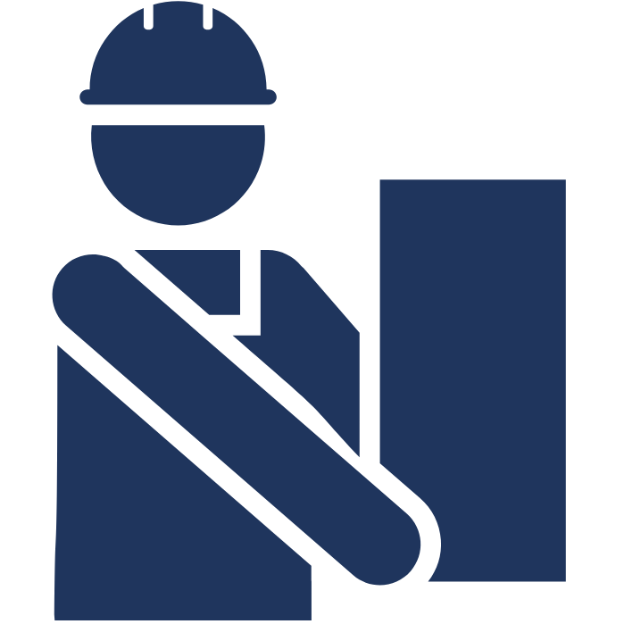 Outline drawing of a person in a protective helmet, holding a box