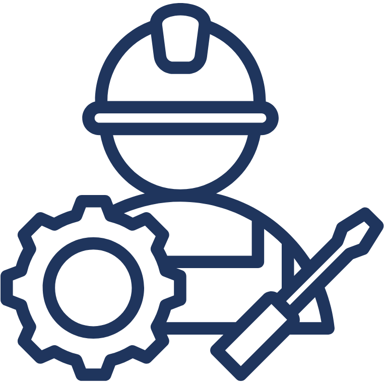 Outline drawing of a person in a hard hat holding a screwdriver.