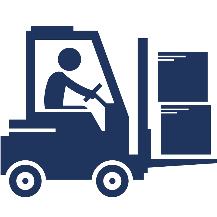 Outline drawing of a person driving a forklift truck (FLT). The forklift is transporting two boxes.