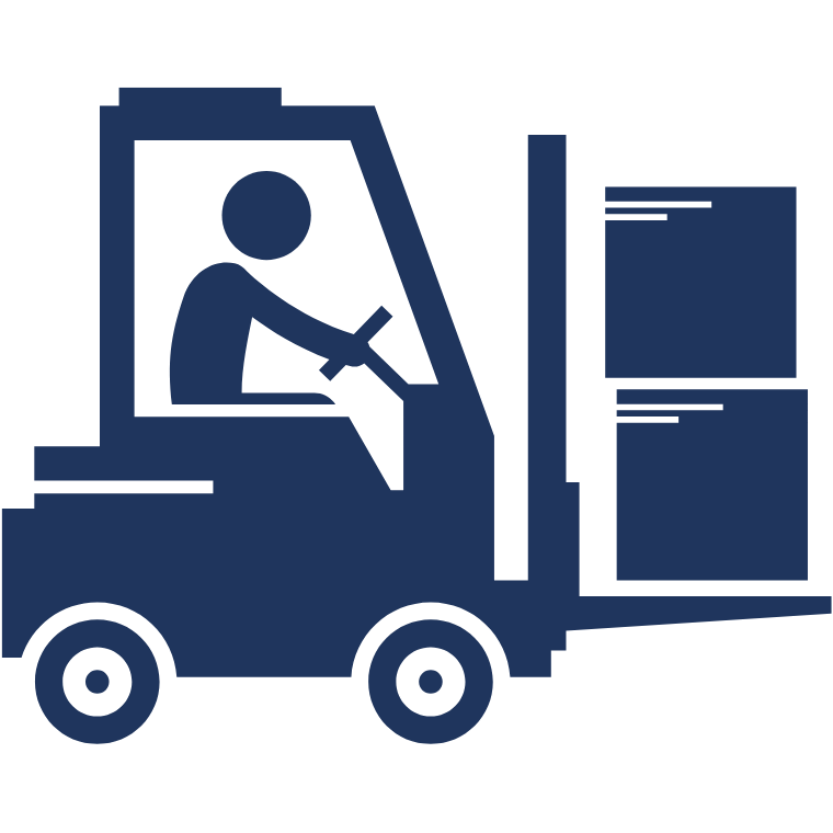 Outline drawing of a person driving a forklift truck (FLT). The forklift is transporting two boxes.