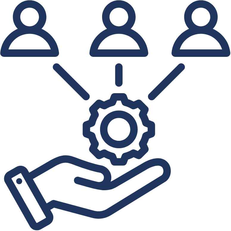 Outline icon showing a hand holding a gear with hierarchy lines up to 3 people.