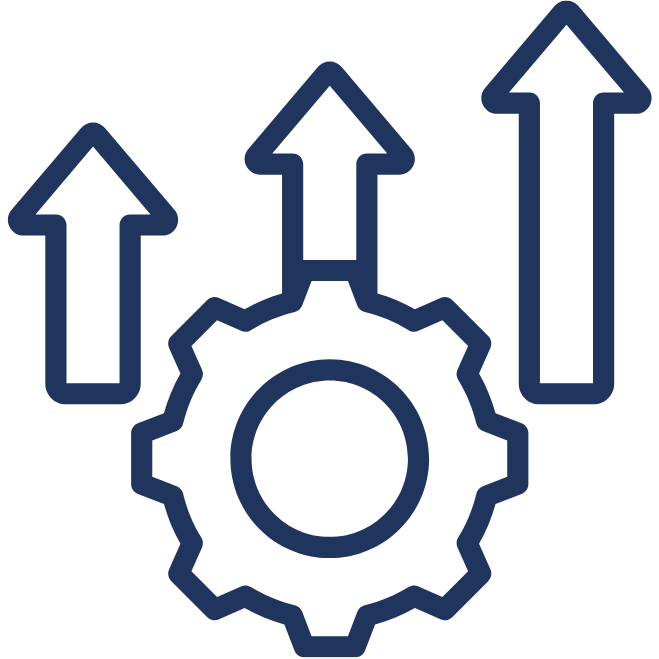 Image shows a blue outline of a cog with 3 upward arrows