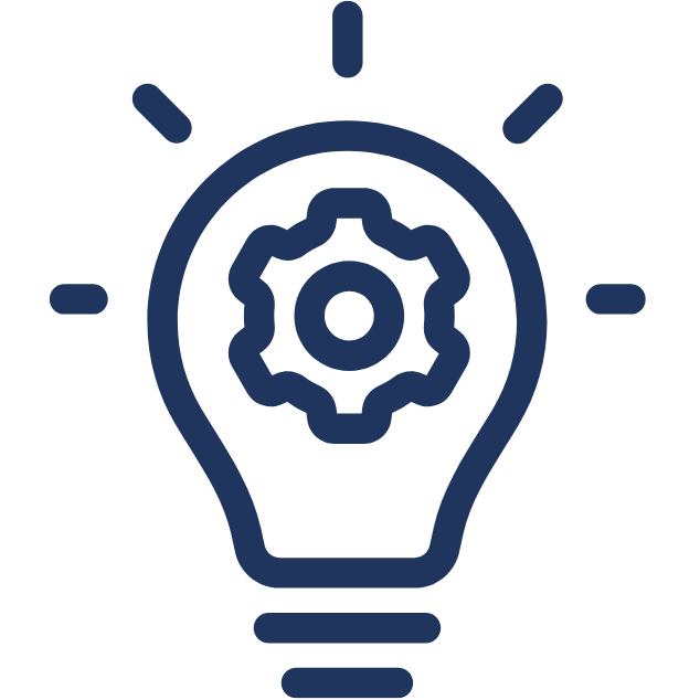 Image shows a blue outline of a lightbulb with a cog inside and sparks above.