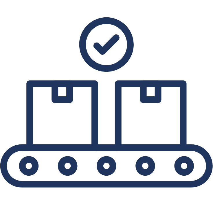 Outline icon of boxes on a conveyor belt.