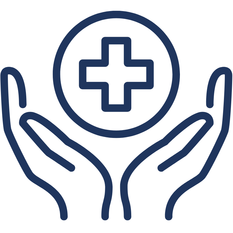 Outline drawing of a pair of hands cupped around a circle with a first aid cross within it.