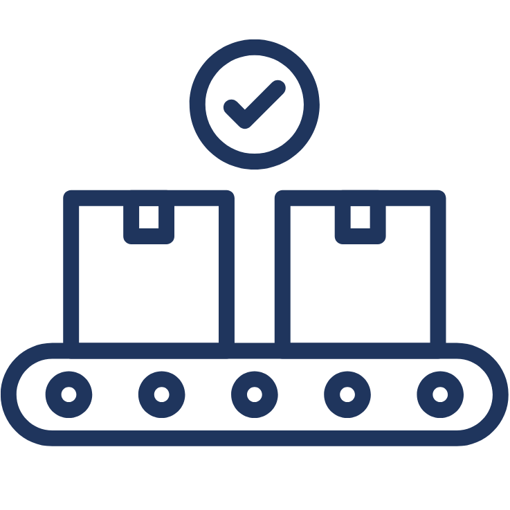 Outline icon of boxes on a conveyor belt.