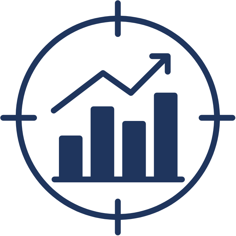 Image shows a blue outline of an improving bar chart within a target
