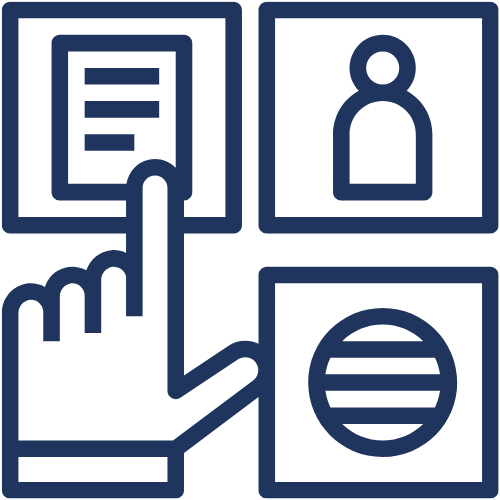 Image shows outlined images in blue of a grid of options with someone tapping to select one
