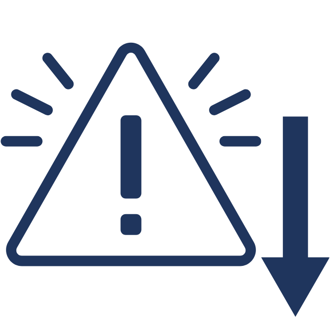 ‘Image shows a blue outline of a an exclamation mark in a triangle next to an arrow pointing down