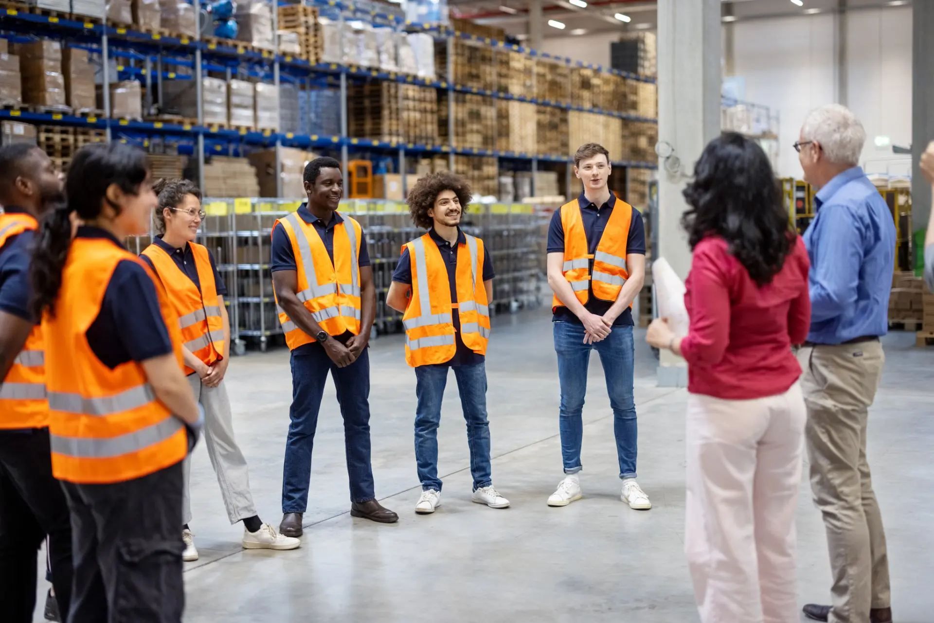 Training staff standing in warehouse with trainees group huddle