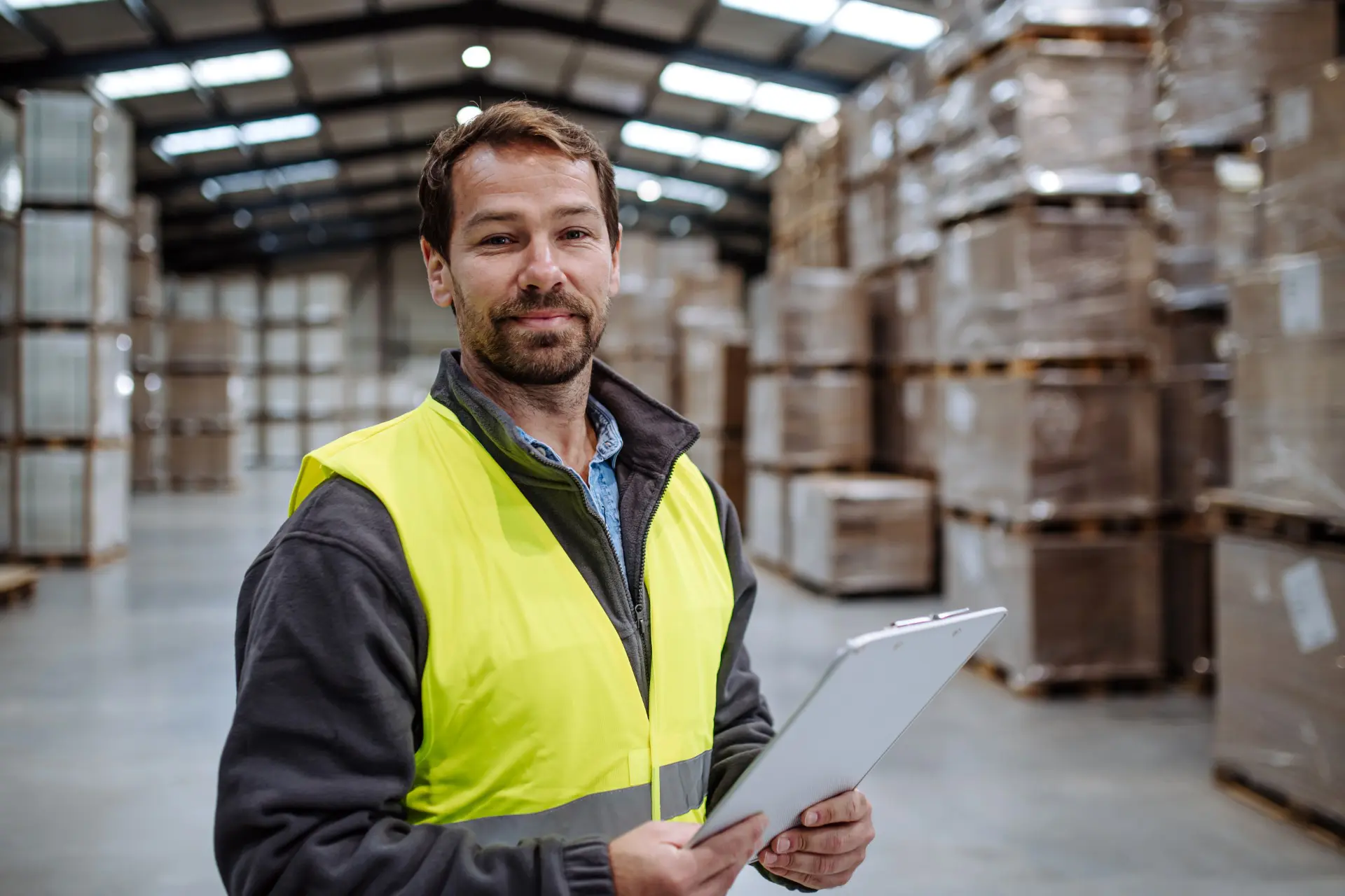 Man in high visibility vest stands with clipboard looking to camera