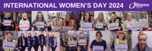 Banner image showing a series of images of different women working in logistics. Each woman holds a banner up for international women's day.