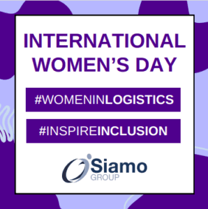 A square image with a textured purple and lilac background. On top is a white square with text laid over the top that reads: International Women's Day, hashtag women in logistics, hashtag inspire inclusion, and the Siamo Group logo.