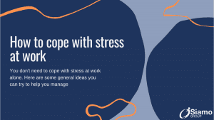 Dark blue background with an orange wavy line through the image. Text reads: How to cope with stress in the workplace
